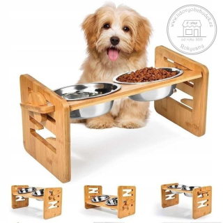 Dřevěný stojan na misky pro psy a kočky 43 x 18 x 20 cm + nerezové misky 2 x 400 ml
